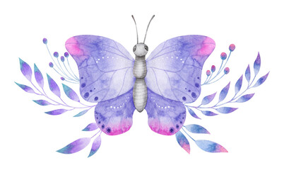Watercolor arrangement with violet butterfly and delicate foliage. Cute composition with nature elements