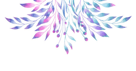 Watercolor arrangement with violet, blue, pink and lilac foliage. Cute composition with nature elements