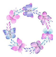Watercolor wreath with violet, blue, pink and lilac butterflies and foliage. Cute frame with nature elements