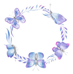 Watercolor wreath with violet and blue butterflies and forest branches. Funny frame with floral elements