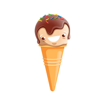 Cartoon ice cream character. Kawaii dessert in waffle cone, cute personage with chocolate, topping and sprinkles. Isolated vector smiling ice cream, funny summer ice cream snack
