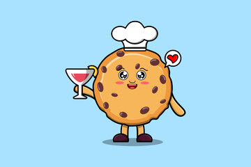 Cute cartoon Biscuits chef character holding wine glass flat cartoon style illustration