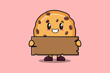 Cute cartoon Biscuits character holding blank wooden text board vector icon illustration