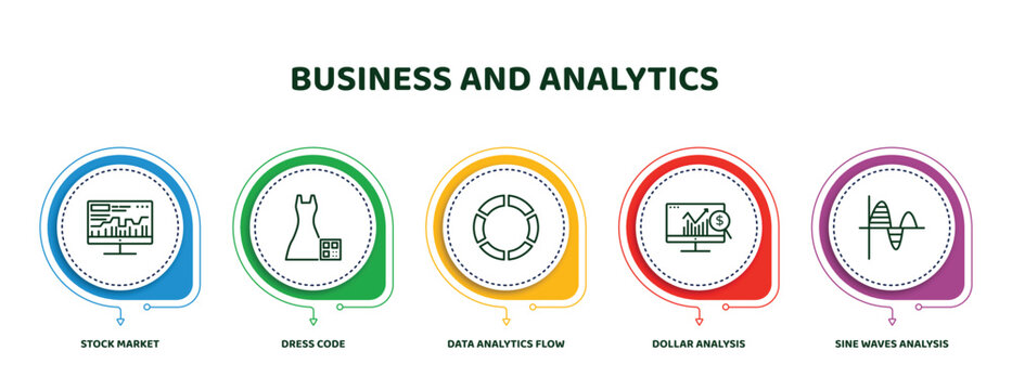 editable thin line icons with infographic template. infographic for business and analytics concept. included stock market, dress code, data analytics flow, dollar analysis bars, sine waves analysis