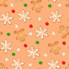 Seamless pattern with ginger cookies on a brown background. Gingerbread man, snowflake.