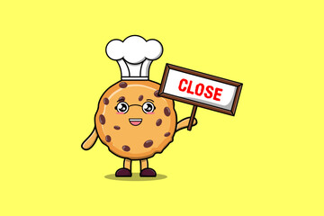 Cute cartoon Biscuits chef character holding close sign board designs in flat cartoon style