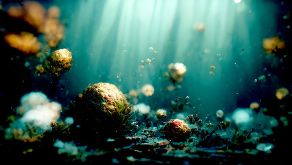 Fototapeta na wymiar Surreal scenery in the deep sea, 3d Illustration of ocean depths on blurred background