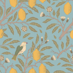 Floral vector seamless pattern. Botanical wallpaper. Plants, birds. Vintage wallpaper with painted nature. Lemons, flowers, a blooming garden. Design for fabric, textile, paper.