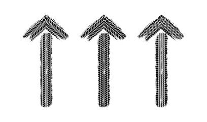 Auto tire tread grunge arrow. Car and motorcycle tire pattern, wheel tyre tread track. Direction arrow. Black tyre print. Vector illustration isolated on white background. © Elena Pimukova