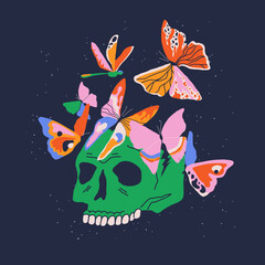 Hand drawn cute skull with butterflies; dragonfly on the background. Trendy design to print. Creepy colorful skull head and insects. Isolated cartoon print for t shirt; card; poster; tattoo.