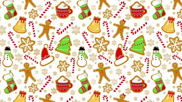 4K Animated Merry Christmas and New Year Pattern Background Design.  Gingerbread Cookies, Candy Canes Snow Flakes Snowman Texture on White Background. Motion Celebration Card or Banner Design Backdrop