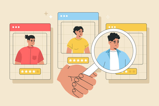 Recruitment agency, hiring, headhunting concept. Hand with magnifying glass choosing best candidate for job. Hand drawn color vector illustration isolated on background, modern flat cartoon style