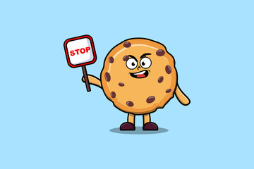 Cute Cartoon mascot illustration Biscuits with stop sign board vector drawing   