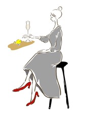 Woman in a dress enjoying a drink.