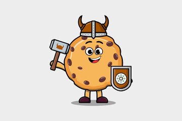 Cute cartoon character Biscuits viking pirate with hat and holding hammer and shield