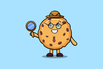 Cute cartoon character Biscuits detective is searching with magnifying glass   