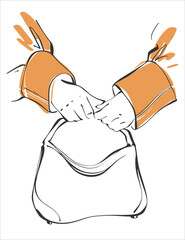 Women's hands in a coat hold a handbag. Vector art illustration of a trendy look. Illustration in line art style. Fashion illustration for any design.