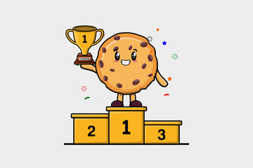 Cute Cartoon character illustration of Biscuits is holding up the golden trophy in illustration