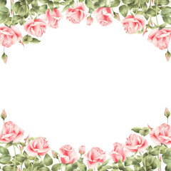 Watercolor pink roses frame isolated.