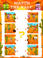 Match the half of cartoon vitamin cowboy, sheriff, ranger and bandit characters kids game puzzle vector worksheet. Wild West quiz or western game with funny pills of vitamin and mineral personages