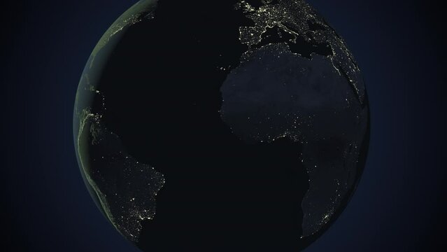 Seamless looping animation of the earth at night zooming in to the 3d map of Mali with the capital and the biggest cites in 4K resolution
