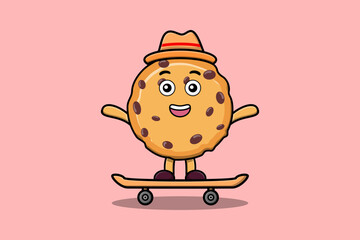 cute cartoon Biscuits standing on skateboard with cartoon vector illustration style