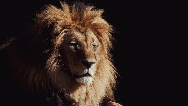 Portrait of a Beautiful lion, lion in dark. Slow motion video