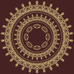 Oriental vector ornament with arabesques and floral elements. Traditional brown and golden round classic ornament. Vintage pattern with arabesques