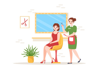 Barber Shop for Male or Female Clients Haircut with Mirrors, Desk and Hair Cutting Equipment in Flat Cartoon Hand Drawn Templates Illustration