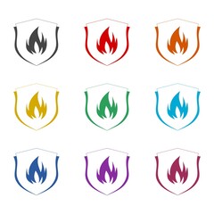 Fire protection shield icon isolated on white background. Set icons colorful
