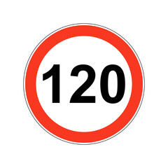 Road sign of 120 speed limit on white background.