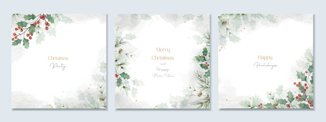 Watercolor vector winter square card set with fir branches and copy space. - 540899582