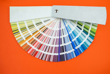 Color guide close up. Assortment of flowers for design. Color palette fan on orange background A...
