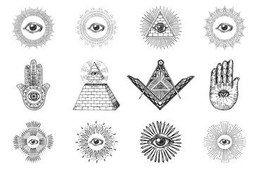 Freemasonry symbols set in vector, drawn sketches