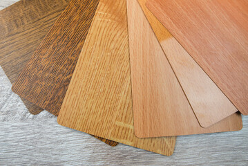 Obraz na płótnie Canvas Wooden boards, thin samples, color selection catalog.