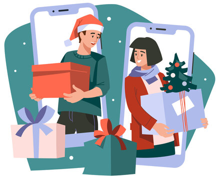 Online Christmas. New Year gifts. Man and woman with gifts in mobile phones. PNG image.