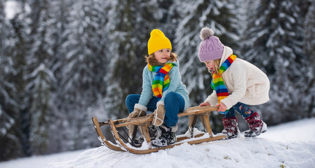 Happy kids having fun and riding the sledge in the winter snowy forest. Winter Christmas holidays and active winter weekend, children activities.
