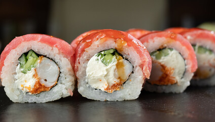 Sushi set, Japanese food, sushi roll with tuna and tiger shrimp on black stone background.