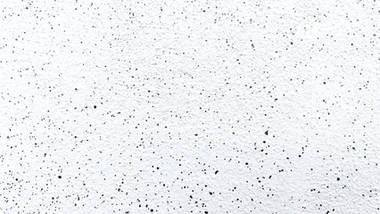 Close up White texture with black dots. Decorative plaster is painted white and decorated with dots of black paint of different sizes. White background with a clear texture.