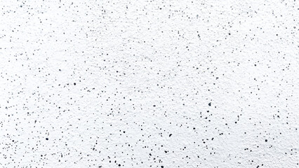 Close up White texture with black dots. Decorative plaster is painted white and decorated with dots of black paint of different sizes. White background with a clear texture.