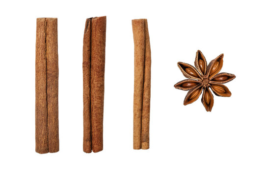 Anise Star And Cinnamon Sticks Isolated On White Background. Anise Star Spice With Seeds And Cinnamon As An Element For Design.