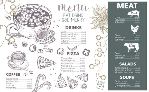 Christmas menu. Design template. Vector hand drawn illustration.	
