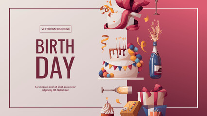 Birthday promo banner with cake, champagne, cupcake, gifts, caps, confetti. Birthday party, celebration, holiday, event, festive concept. Vector illustration. Banner, flyer, advertising.