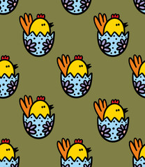 Seamless pattern of easter painted eggs with chicken in it.