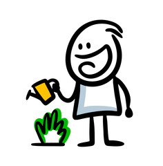 A funny character waters plants in his garden from a watering can. © Eka Panova