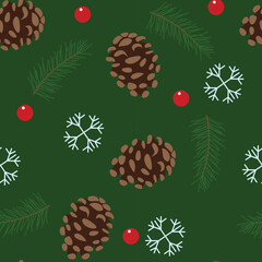 Seamless Christmas pattern with cone and snowflakes and berry on dark green background. Vector illustration.