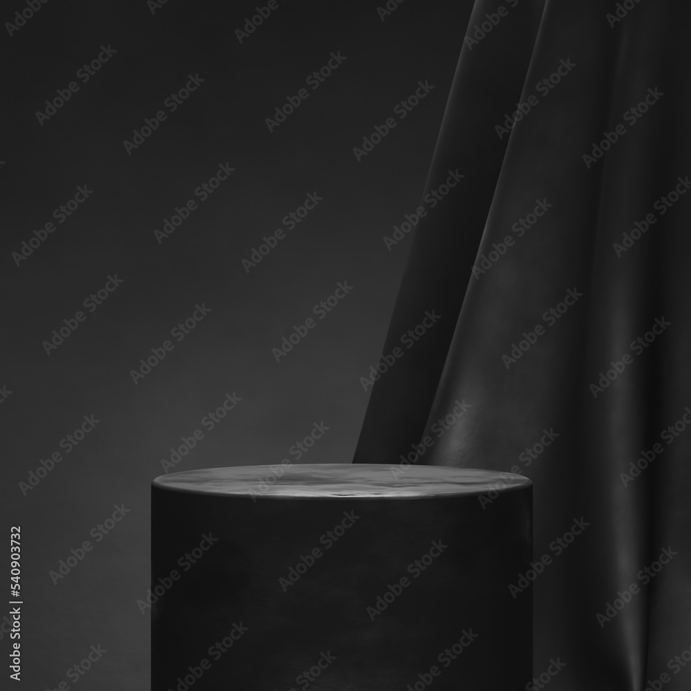 Poster black stone podium stand on minimal pedestal stage 3d background of abstract fabric empty product di