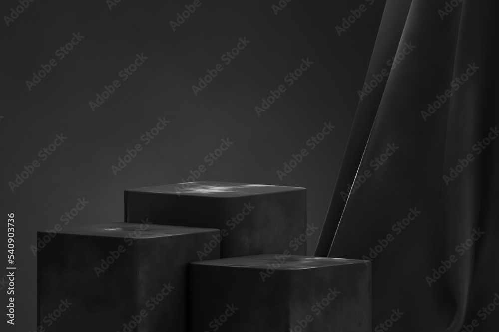 Poster black stone podium stand on minimal pedestal stage 3d background of abstract fabric empty product di