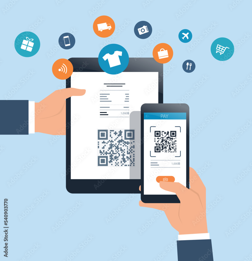 Poster business flat vector design online payment by mobile scan qr code concept. hand hold smartphone to s