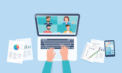 flat vector design smart working on laptop concept business team meeting and connect  from anywhere with online video conference technology concept

